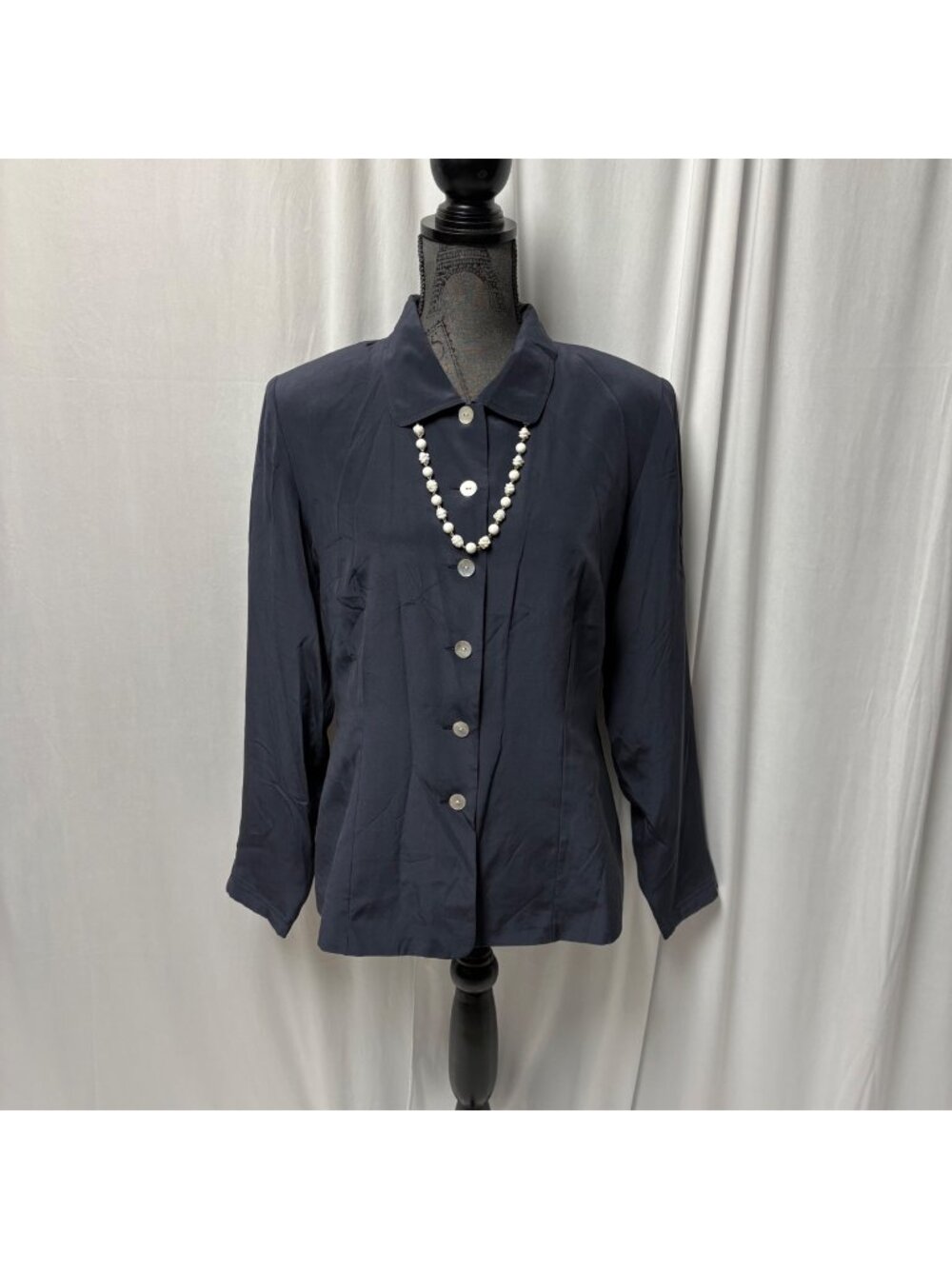 Victoria Holley Navy Blue Silk Jacket Womens Size 12 Pearl Buttons Blouse Vintag